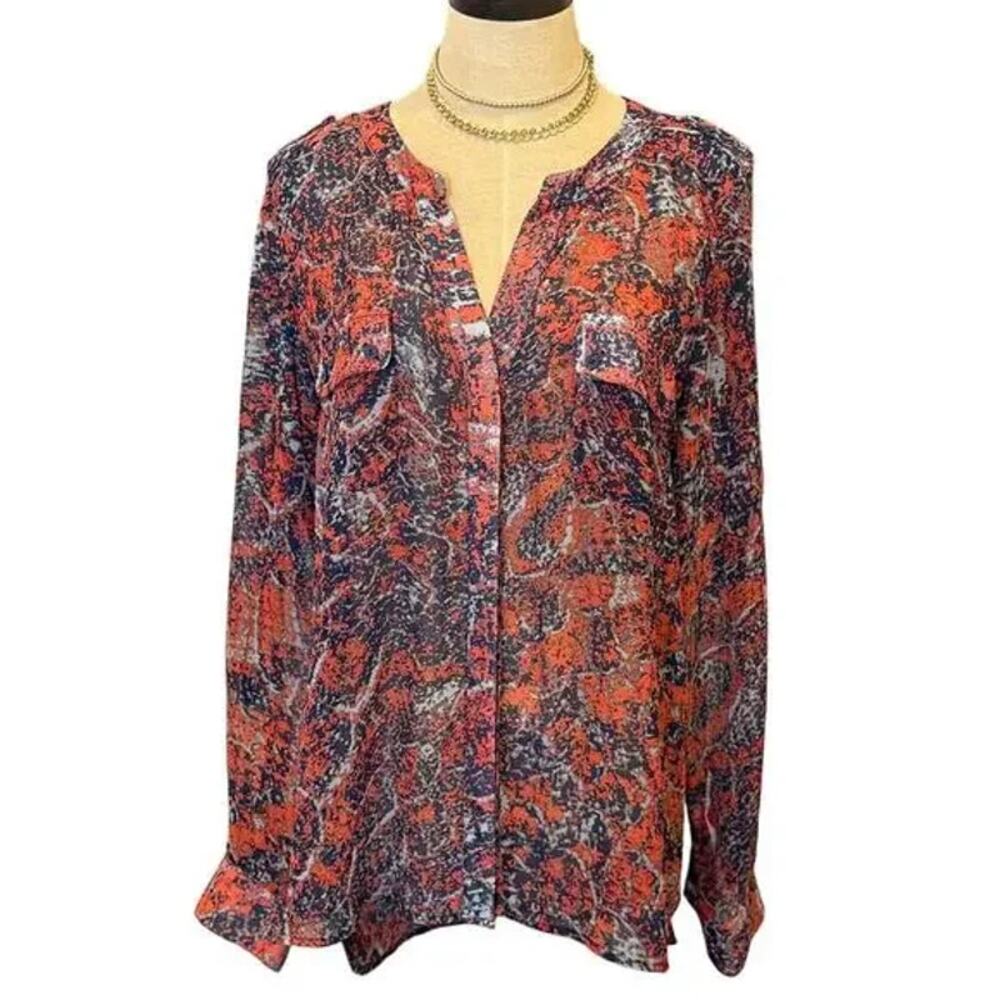 Collective Concepts Red & Blue Printed Long Sleeve Blouse Women's Size Medium